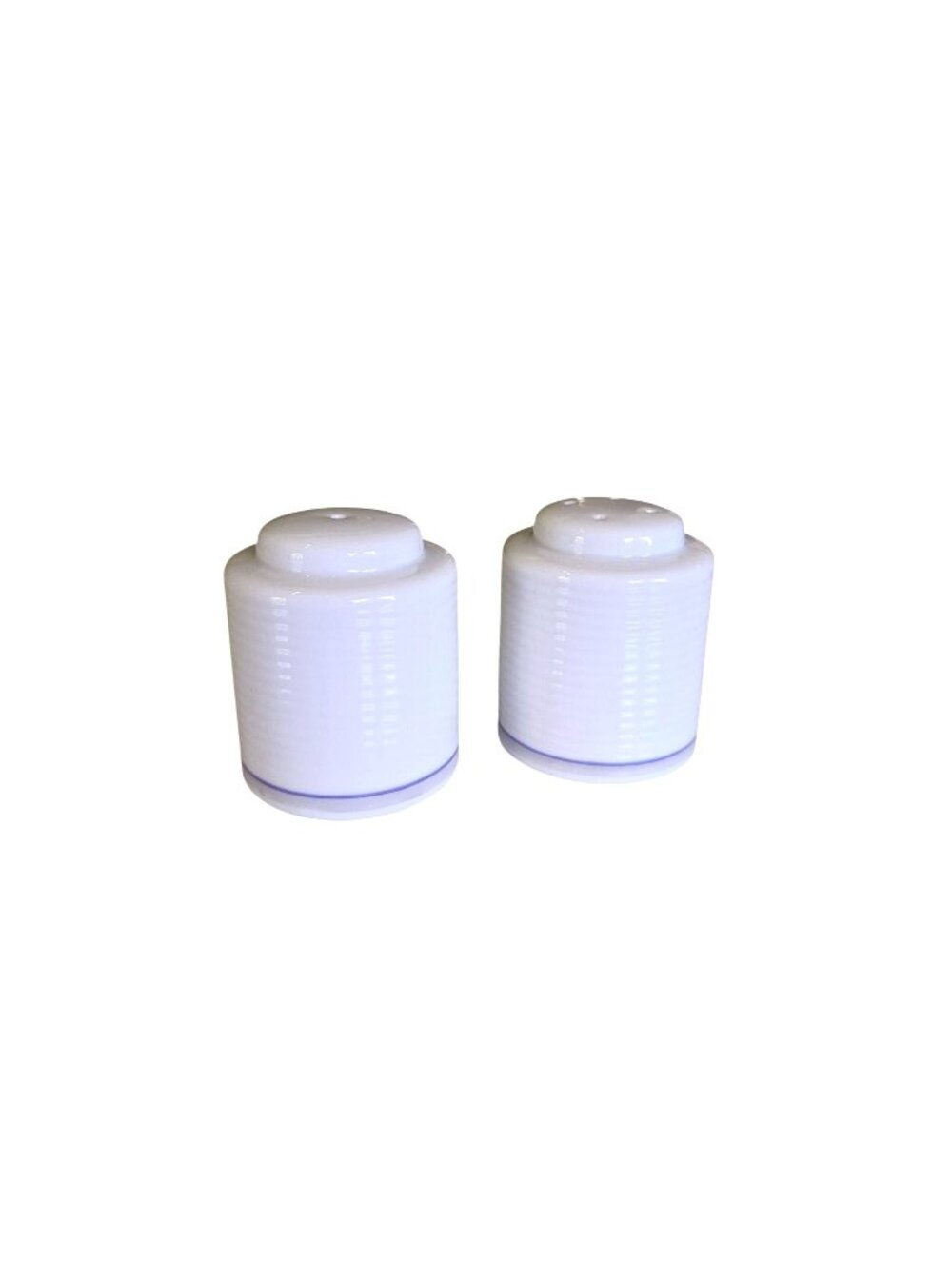Dansk Tapestries White Ceramic Salt & Pepper Shakers Blue Band Textured 3"
